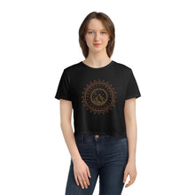 Load image into Gallery viewer, Simple beautiful nature inspired outdoor cropped shirt. women soft comfortable crop tee. mandala mountains, trees, sky, geometry, esoteric, witchy, astrology, hippie chic and boho vibe. easy to match with, cute top to layer with