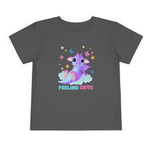 Load image into Gallery viewer, "Feeling Cute" Dragon sitting on a cloud surrounded by Butterflies and Stars | Toddler Short Sleeve Tee - Jess Alice