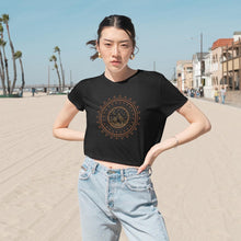 Load image into Gallery viewer, Women flowy cropped tee with mandala mountain design. fun and cute top for casual wear. makes an adorable outfit. neutral artwork of patterns, geometry, trees, mountains a crescent moon, stars, clouds in an abstract minimalistic beautiful shirt