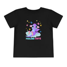 Load image into Gallery viewer, "Feeling Cute" Dragon sitting on a cloud surrounded by Butterflies and Stars | Toddler Short Sleeve Tee - Jess Alice
