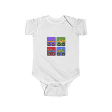 Load image into Gallery viewer, Infant Clothing | Bodysuit Jumper with snaps | Educational Interactive Clothing | 4 Color Block Cute Monster Trucks with Animals - Jess Alice