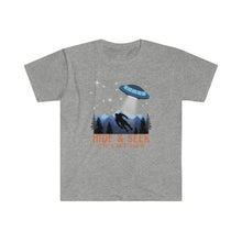 Load image into Gallery viewer, "Hide and Seek Champion" Bigfoot and UFO Alien Unisex Softstyle T-Shirt - Jess Alice