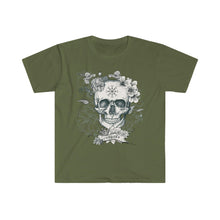 Load image into Gallery viewer, Skull and Flower Helm of Awe "Conquer" Shirt | Viking - Norse - Icelandic Rune | Unisex Soft style T-Shirt - Jess Alice
