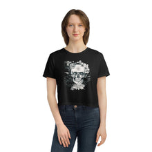 Load image into Gallery viewer, Skull and Flower Helm of Awe "Conquer" Shirt | Viking - Norse - Icelandic Rune | Women's Flowy Cropped Tee - Jess Alice