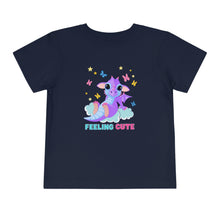 Load image into Gallery viewer, "Feeling Cute" Dragon sitting on a cloud surrounded by Butterflies and Stars | Toddler Short Sleeve Tee - Jess Alice