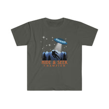 Load image into Gallery viewer, "Hide and Seek Champion" Bigfoot and UFO Alien Unisex Softstyle T-Shirt - Jess Alice