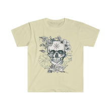 Load image into Gallery viewer, Skull and Flower Helm of Awe "Conquer" Shirt | Viking - Norse - Icelandic Rune | Unisex Soft style T-Shirt - Jess Alice