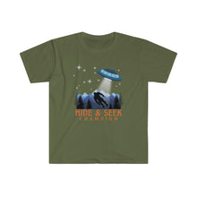 Load image into Gallery viewer, "Hide and Seek Champion" Bigfoot and UFO Alien Unisex Softstyle T-Shirt - Jess Alice