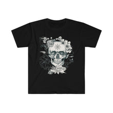 Load image into Gallery viewer, Skull and Flower Helm of Awe "Conquer" Shirt | Viking - Norse - Icelandic Rune | Unisex Soft style T-Shirt - Jess Alice