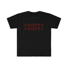 Load image into Gallery viewer, "Choppy Choppy" with "o" as a SAW | Wood Working T-shirt | RED Color Text | Wood Carver Tee | Unisex Cotton Softstyle Shirt - Jess Alice