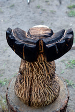 Load image into Gallery viewer, Mosse 16&quot; Sitting While Holding Interchanable &quot;Welcome&quot; Sign   Chainsaw Carving  Sculpture | Raw California Cedar Wood Carved Artwork | Artist &amp; Carver Jess Alice
