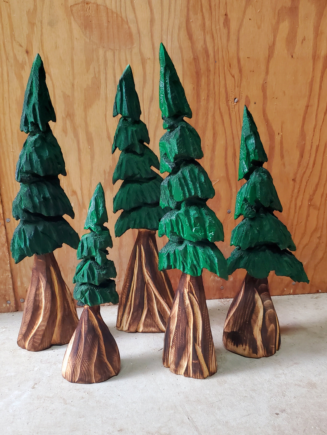 Forest of 5 Chainsaw Carved Mini Painted Trees | Shelf +Table Top Tree Sculpture Set