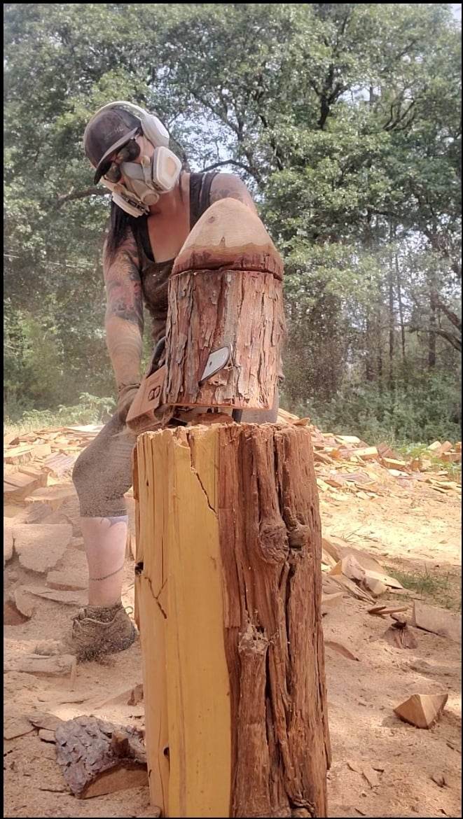 Chainsaw Carver Jess Alice in action carving a one-of-a-kind handmade mushroom sculpture out of California Cedar. Unique Artwork, perfect gift ideas for him and her. Nature theme home rustic decor