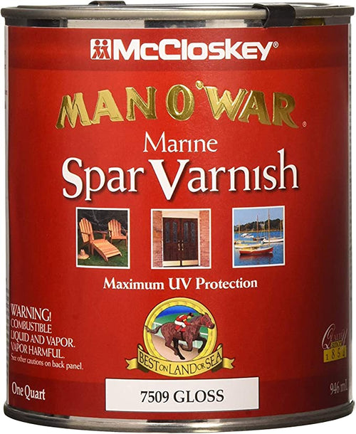 Man o War spar Varnish by McCloskey. Marine Grade exterior sealer for wood. Gloss finished. used for protecting chainsaw carvings from external elements and weather conditions.