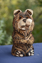 Load image into Gallery viewer, 11&quot; Mini Marshmallow Bear: Handcrafted Chainsaw-Carved Cedar Sculpture with Interchangeable Flag Option | Chainsaw Artist Jess Alice
