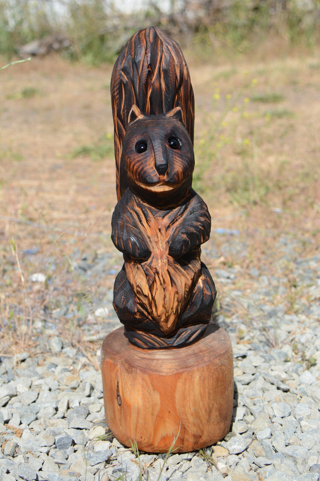 16-Inch Handcrafted Squirrel on Base – Unique Chainsaw Carving with Japanese Wood Burn Technique