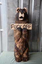 Load image into Gallery viewer, 3ft Standing &quot;Fuck Off&quot; Sign Bear | California Cedar Chainsaw Carving | Rustic Wood Sculpture by Artist Jess Alice
