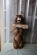 Load image into Gallery viewer, 3ft Standing &quot;Fuck Off&quot; Sign Bear | California Cedar Chainsaw Carving | Rustic Wood Sculpture by Artist Jess Alice
