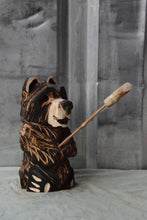 Load image into Gallery viewer, 10-Inch Customizable Chainsaw Carved Bear with Interchangeable Accessories – Rustic Cedar Wood Sculpture for Shelves, Tabletops, and Nooks
