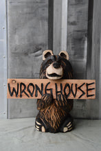 Load image into Gallery viewer, 15-Inch Chainsaw Carved Bear with Interchangeable &#39;Wrong House&#39; Sign
