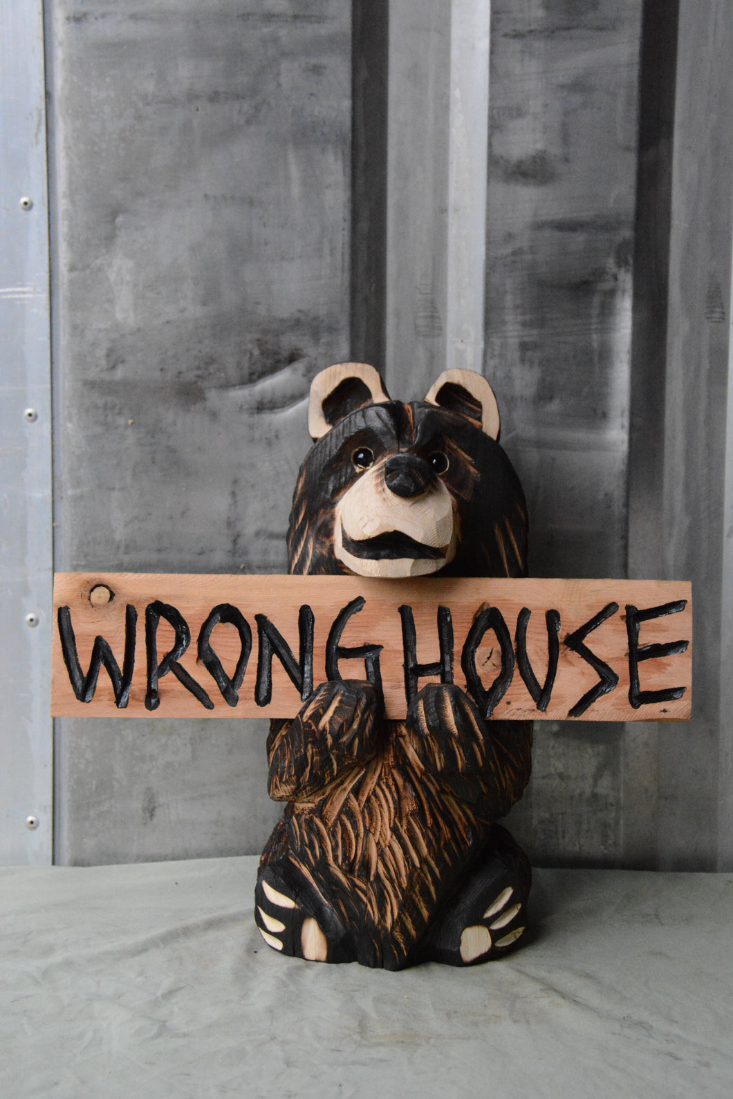 15-Inch Chainsaw Carved Bear with Interchangeable 'Wrong House' Sign