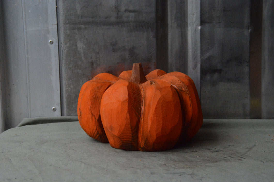 8-Inch Chainsaw Carved Mini Pumpkin Sculpture – Handmade Halloween Decor by Jess Alice