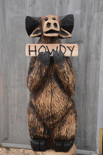 Load image into Gallery viewer, 3.5ft Chainsaw Carved Moose with &#39;Howdy&#39; Sign – Handcrafted Cedar Yard Art for Rustic Home and Garden Decor
