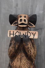 Load image into Gallery viewer, 3.5ft Chainsaw Carved Moose with &#39;Howdy&#39; Sign – Handcrafted Cedar Yard Art for Rustic Home and Garden Decor
