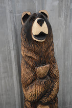 Load image into Gallery viewer, 5 ft Chainsaw Carved Bear Holding Fish on Base | California Cedar Rustic Wood Sculpture
