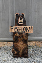 Load image into Gallery viewer, 25-Inch Chainsaw Carved Standing Bear Sculpture with &quot;Fish On&quot; Sign – Customizable Redwood Art by Jess Alice
