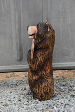 Load image into Gallery viewer, 25-Inch Chainsaw Carved Standing Bear Sculpture with &quot;Fish On&quot; Sign – Customizable Redwood Art by Jess Alice
