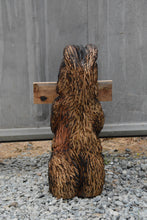 Load image into Gallery viewer, 25-Inch Chainsaw Carved Standing Bear Sculpture with &quot;Fish On&quot; Sign – Customizable Redwood Art by Jess Alice
