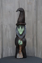 Load image into Gallery viewer, 24-Inch Handcrafted Witch Sculpture – Chainsaw Carved Cedar Halloween Decor by Jess Alice
