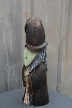 Load image into Gallery viewer, 21-Inch Handcrafted Witch Sculpture – Chainsaw Carved Cedar Halloween Decor by Jess Alice
