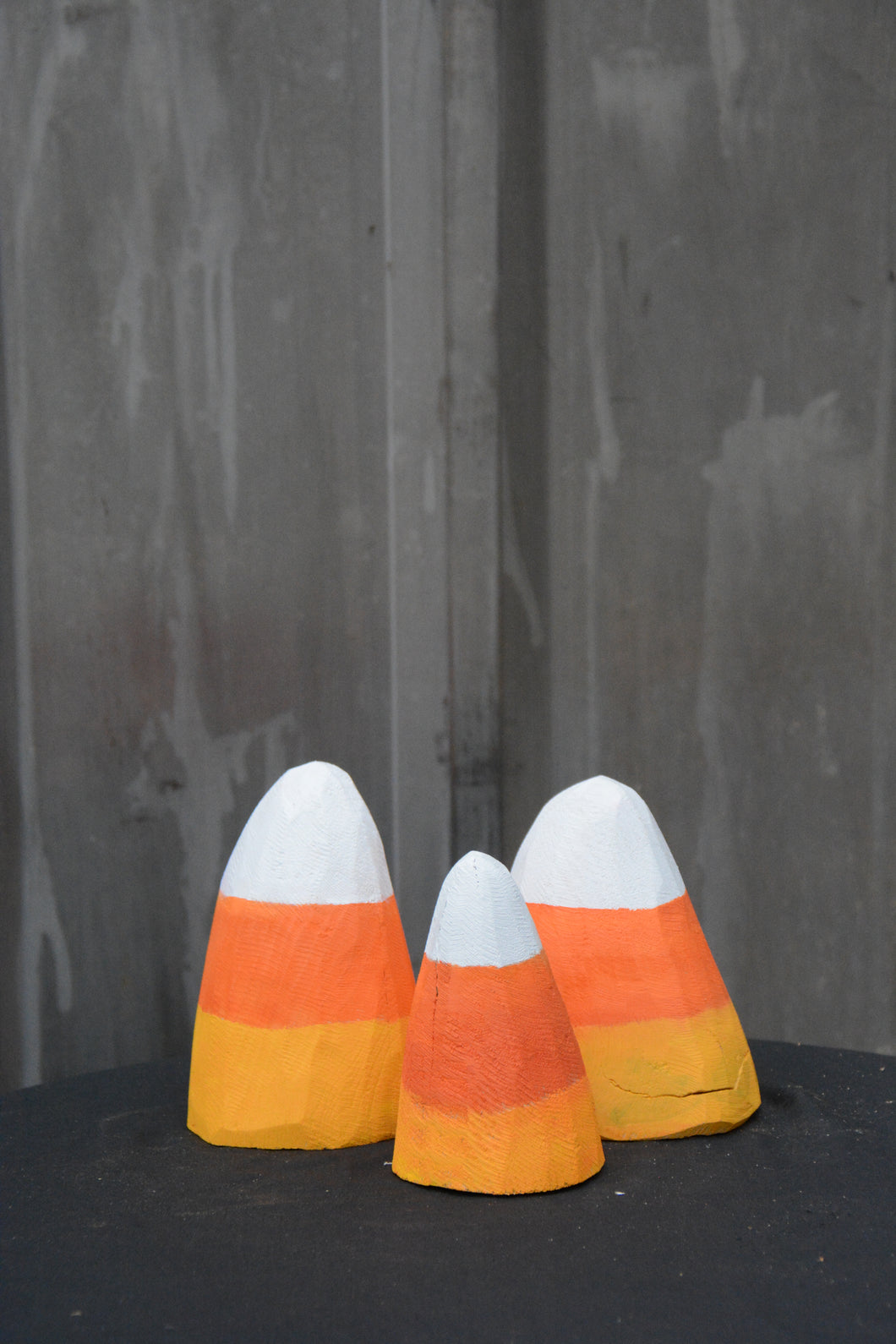 Set of 3 Handpainted Chainsaw Carved Candy Corn Sculptures | Seasonal Fall & Halloween Décor by Jess Alice