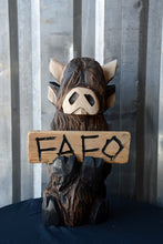 Load image into Gallery viewer, 18"x8" Highland Cow with FAFO sign – Chainsaw Carved Wood Sculpture
