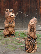 Load image into Gallery viewer, 25 inch Chainsaw Carved Bear|  Fishing Pole - Flag - Marshmallow Stick Holding Wooden Bear Sculpture
