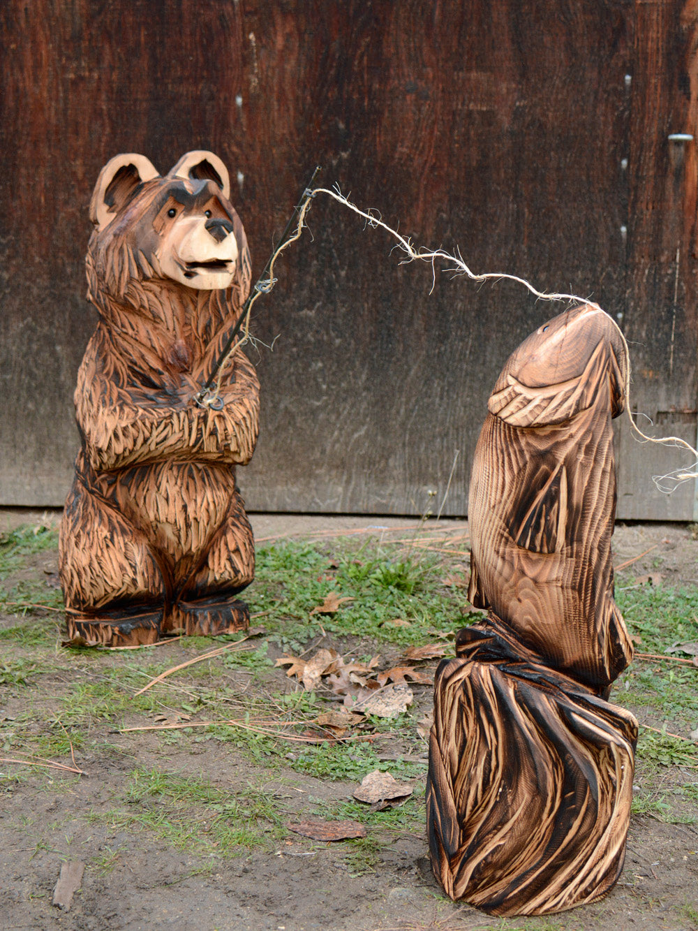 bear scout making fishing pole 25 inch Chainsaw Carved Bear| Fishing Pole - Flag