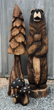 Load image into Gallery viewer, 5 ft Chainsaw Carved Bear Holding Fish on Base | California Cedar Rustic Wood Sculpture
