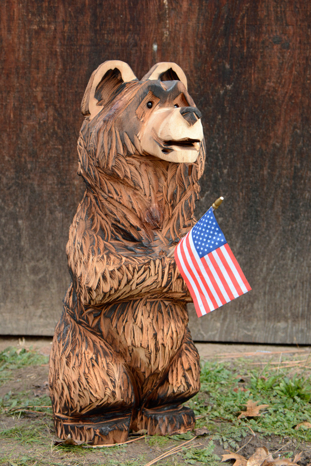 25 inch Chainsaw Carved Bear|  Fishing Pole - Flag - Marshmallow Stick Holding Wooden Bear Sculpture