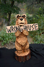 Load image into Gallery viewer, Chainsaw Carved &quot;Wrong House&quot; 24&quot; Sign Bear on Base Wood Sculpture | Raw California Cedar | One-Of-A-Kind Original Artwork | Artist &amp; Carver Jess Alice
