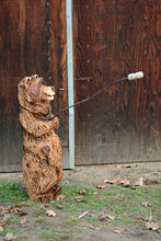 Load image into Gallery viewer, 3ft Chainsaw Carved Bear|  Fishing Pole - Flag - Marshmallow Stick Holding Wooden Bear Sculpture
