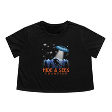 Load image into Gallery viewer, &quot;Hide and Seek Champion&quot; Bigfoot and UFO Alien Cropped T-Shirt | Women&#39;s Flowy Mid Drift Tee - Jess Alice
