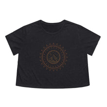 Load image into Gallery viewer, Cropped Tshirt with mountains, mandala, circle patterns, mountain scape with moon and stars. enchanting design that&#39;s neutral and easy to pair with
