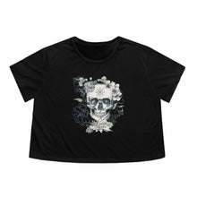 Load image into Gallery viewer, Skull and Flower Helm of Awe &quot;Conquer&quot; Shirt | Viking - Norse - Icelandic Rune | Women&#39;s Flowy Cropped Tee - Jess Alice
