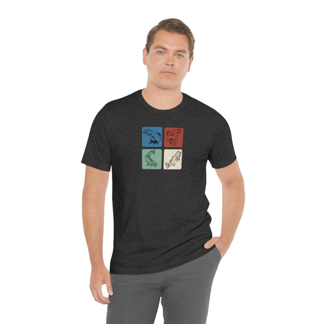 Four Fish T-shirt | Salmon, Steelhead, Catfish, Bass in Color Block Graphic Tee | Fishing Shirt - Jess Alice