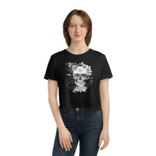 Load image into Gallery viewer, Skull and Flower Helm of Awe &quot;Conquer&quot; Shirt | Viking - Norse - Icelandic Rune | Women&#39;s Flowy Cropped Tee - Jess Alice
